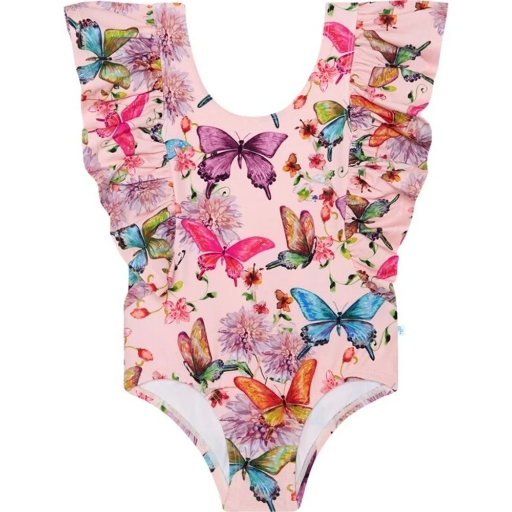 Posh Peanut Watercolor Butterfly One Piece Ruffle Sleeve Swimsuit toddler girl